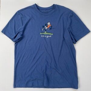 Life Is Good Men's Blue Jake Fist Pump Golf Crusher Tee, Size Medium EUC